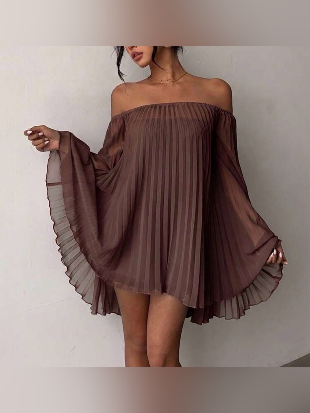 Off-Shoulder Pleated Mini Dress & Strapless Romper Set in Coffee Brown